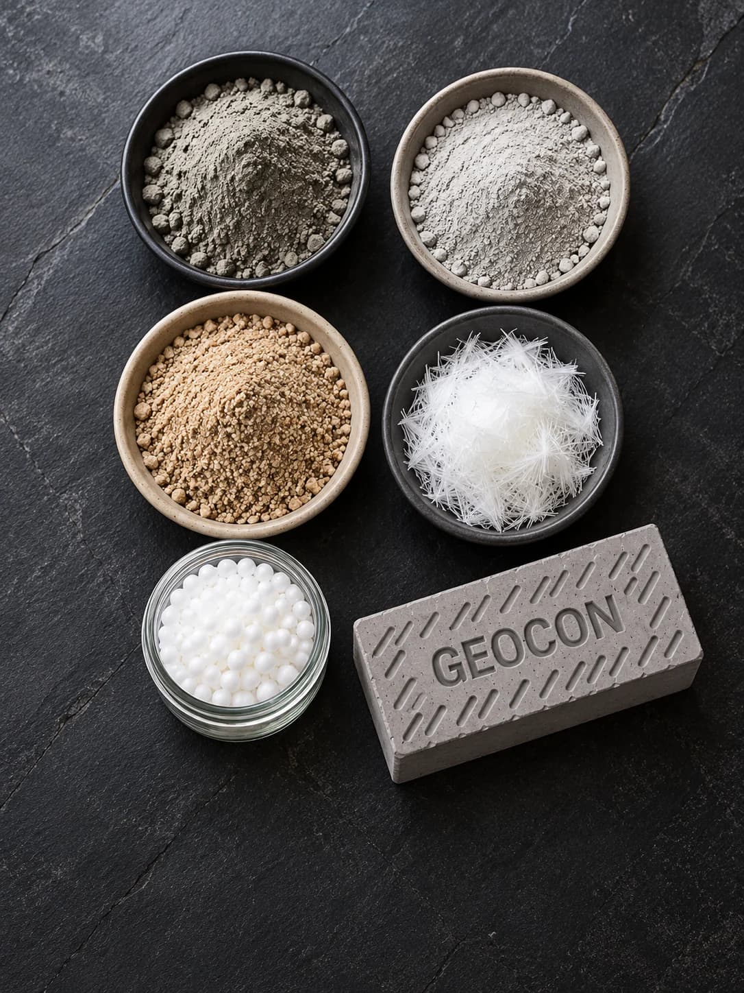 Bowls of cement, fly ash, sand and polypropylene fibre beside a Geocon block