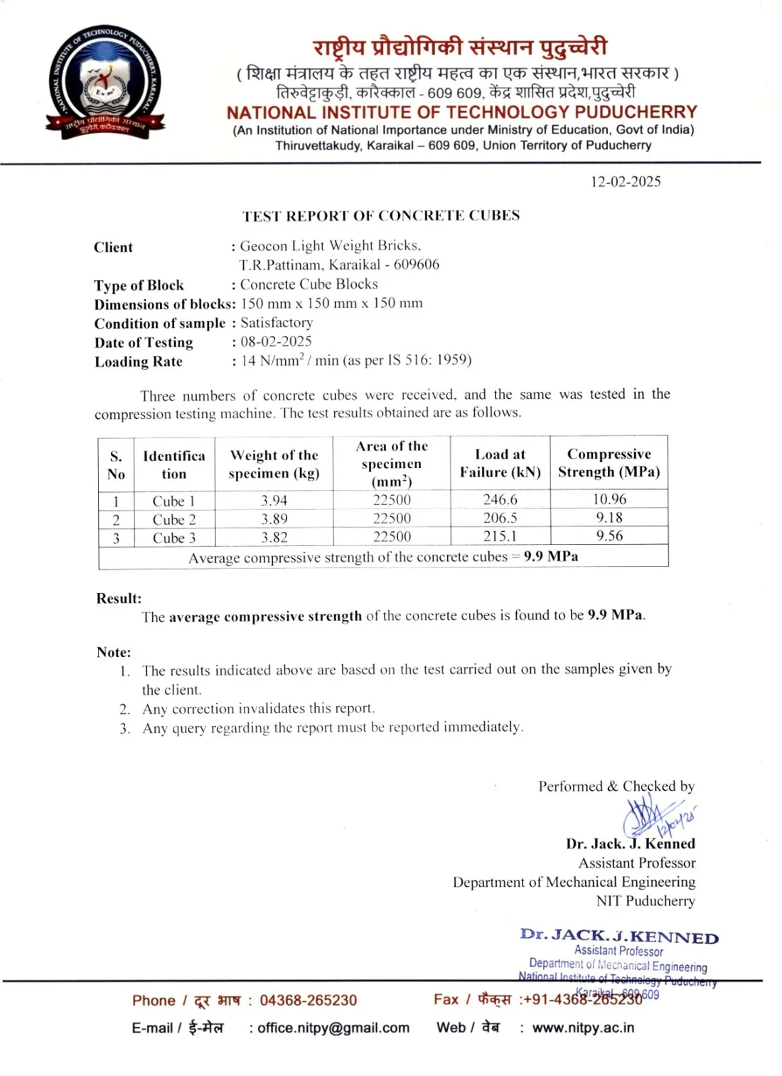 NIT Puducherry compressive strength test report