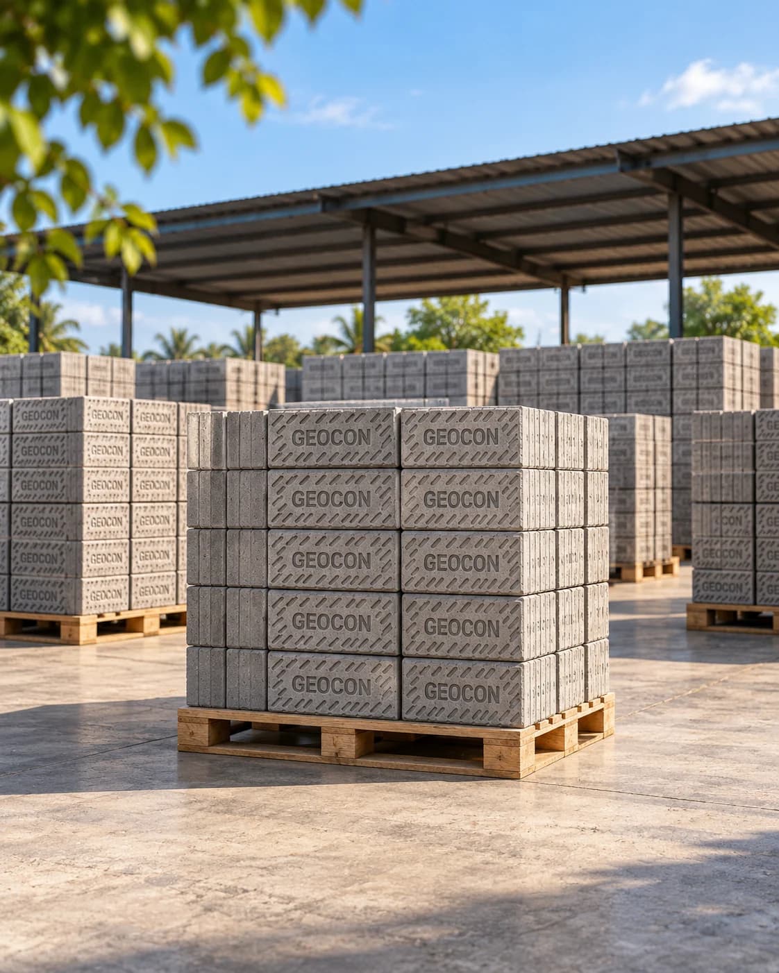 Pallets of cured Geocon blocks in the yard, ready for dispatch